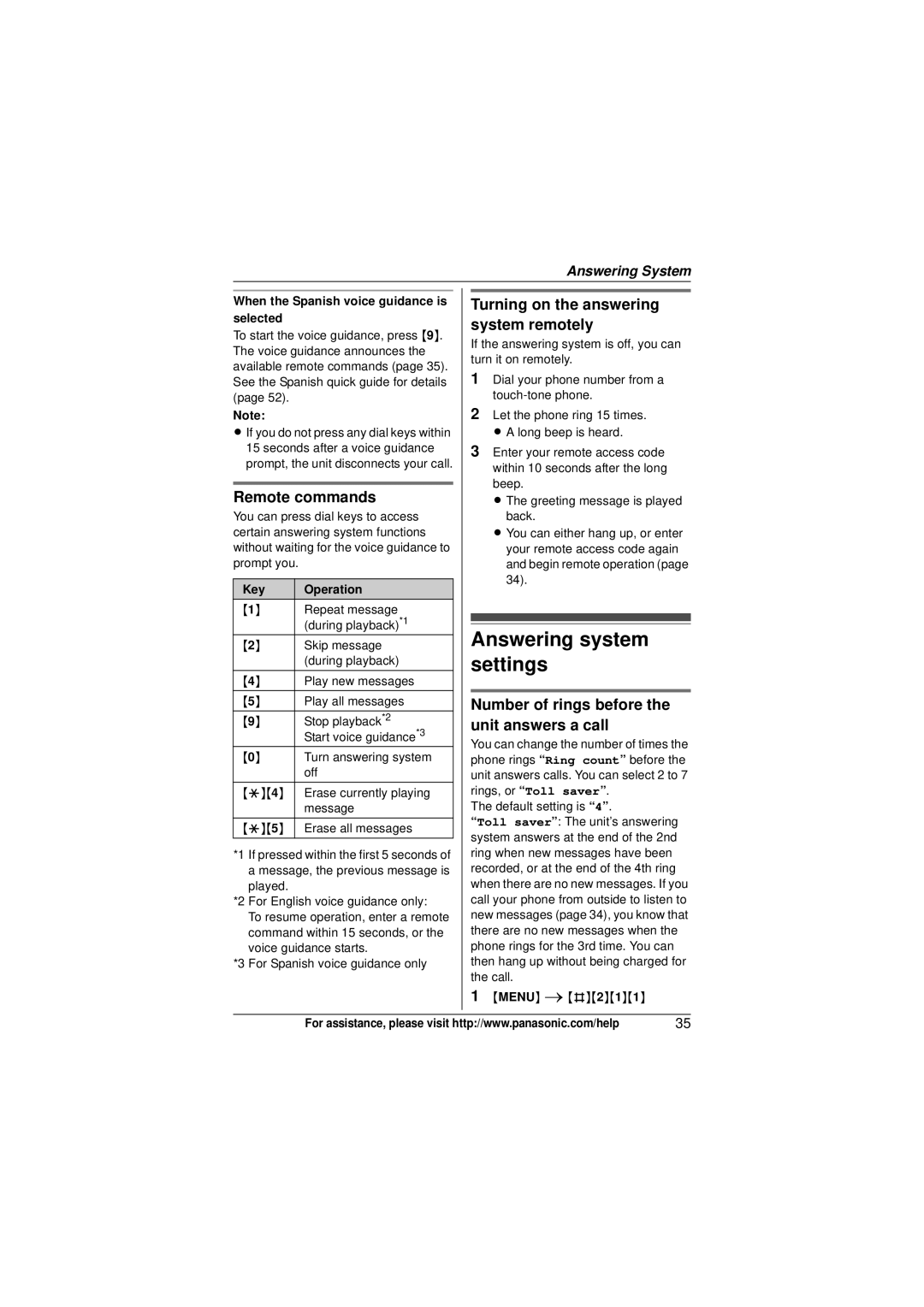 Panasonic KXTG6445T, KX-TG6431 Answering system settings, Remote commands, Turning on the answering system remotely 