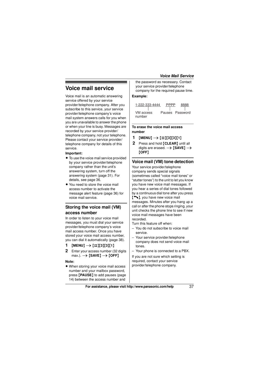 Panasonic KX-TG6431 Voice mail service, Storing the voice mail VM access number, Voice mail VM tone detection 