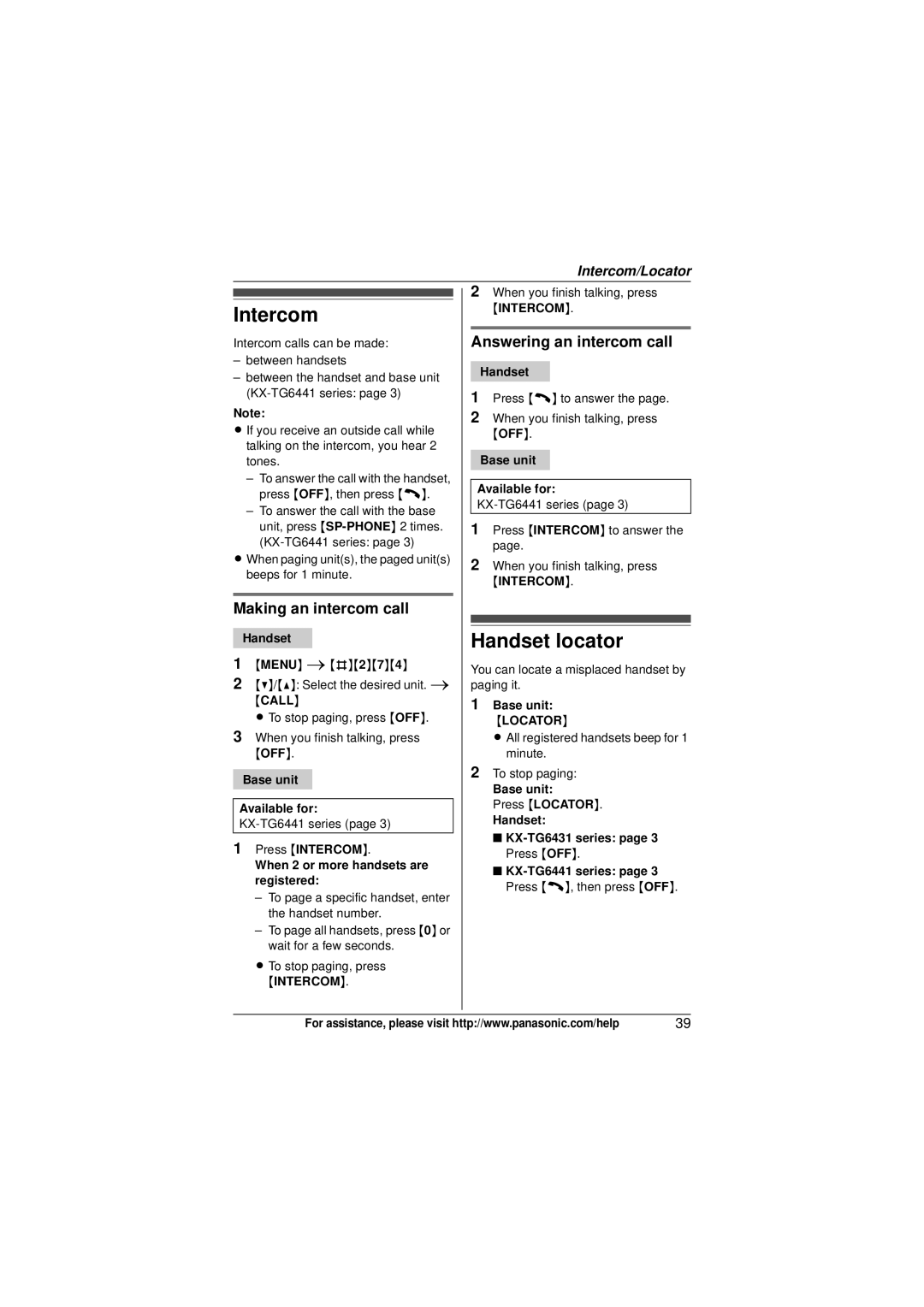 Panasonic KX-TG6434, KX-TG6431, KX-TG6445T Intercom, Handset locator, Making an intercom call, Answering an intercom call 