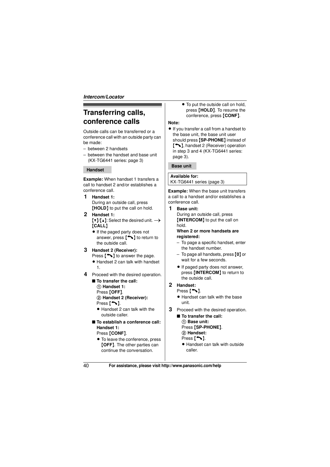 Panasonic KX-TG6443 Transferring calls, conference calls, Handset 2 Receiver, To establish a conference call Handset 