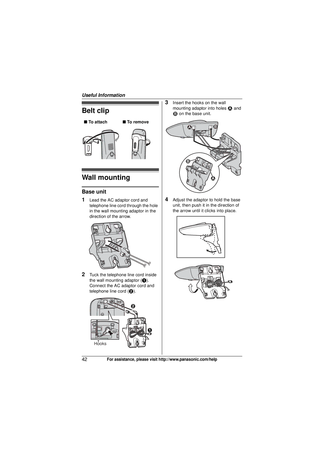 Panasonic KX-TG6432, KX-TG6431, KX-TG6445T, KX-TG6434, KX-TG6443, KX-TG6441, KX-TG6444 Belt clip, Wall mounting, To attach 