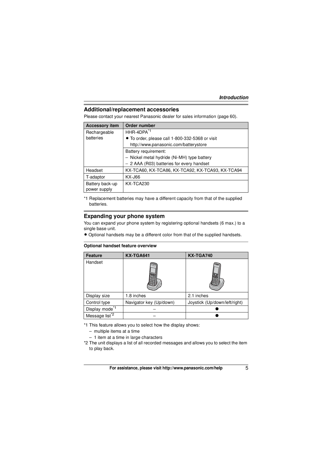 Panasonic KX-TG6441, KX-TG643 Additional/replacement accessories, Expanding your phone system, Accessory item Order number 