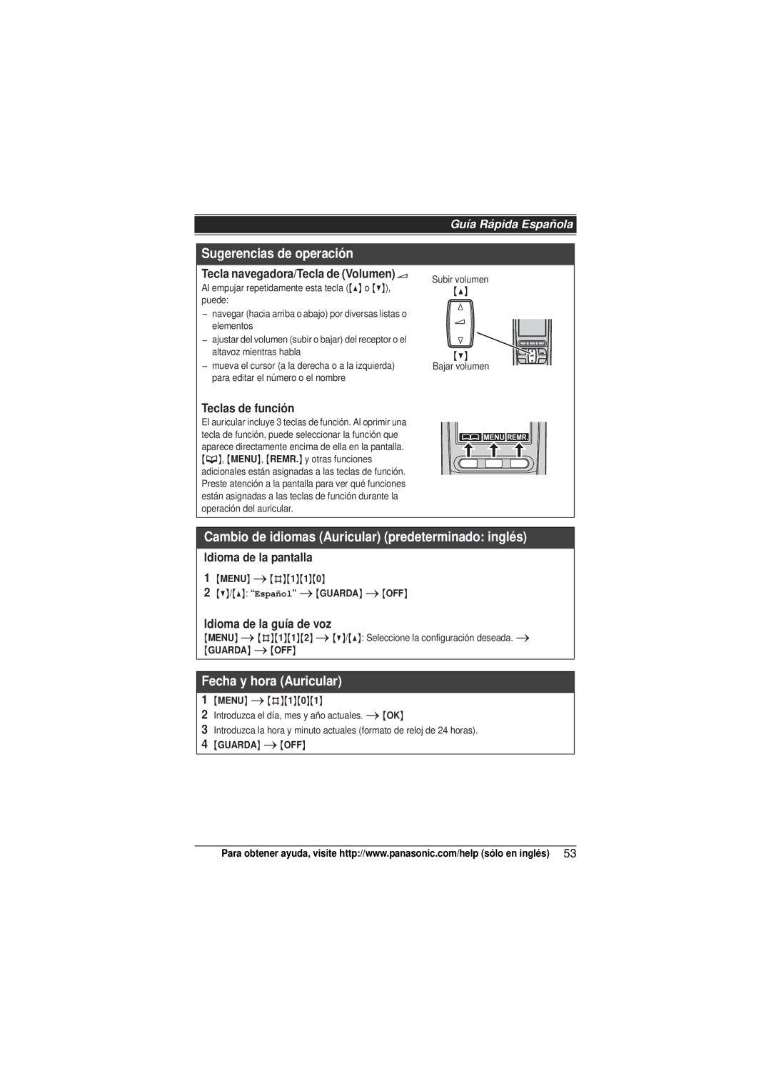 Panasonic KX-TG6441, KX-TG6431, KX-TG6445T, KX-TG6434 Teclas de función, Idioma de la pantalla, Idioma de la guía de voz 