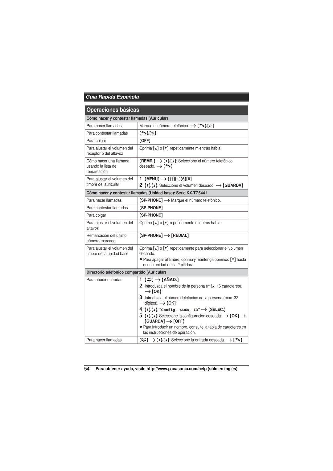 Panasonic KX-TG6432, KX-TG6431, KX-TG6445T, KX-TG6443, KX-TG6441, KX-TG6444, KX-TG6442, KX-TG6434T Operaciones básicas 