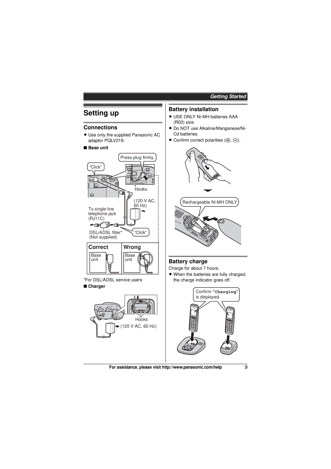 Panasonic KX-TG6431, KX-TG6445T, KX-TG6434 Setting up, Connections, Correct Wrong, Battery installation, Battery charge 