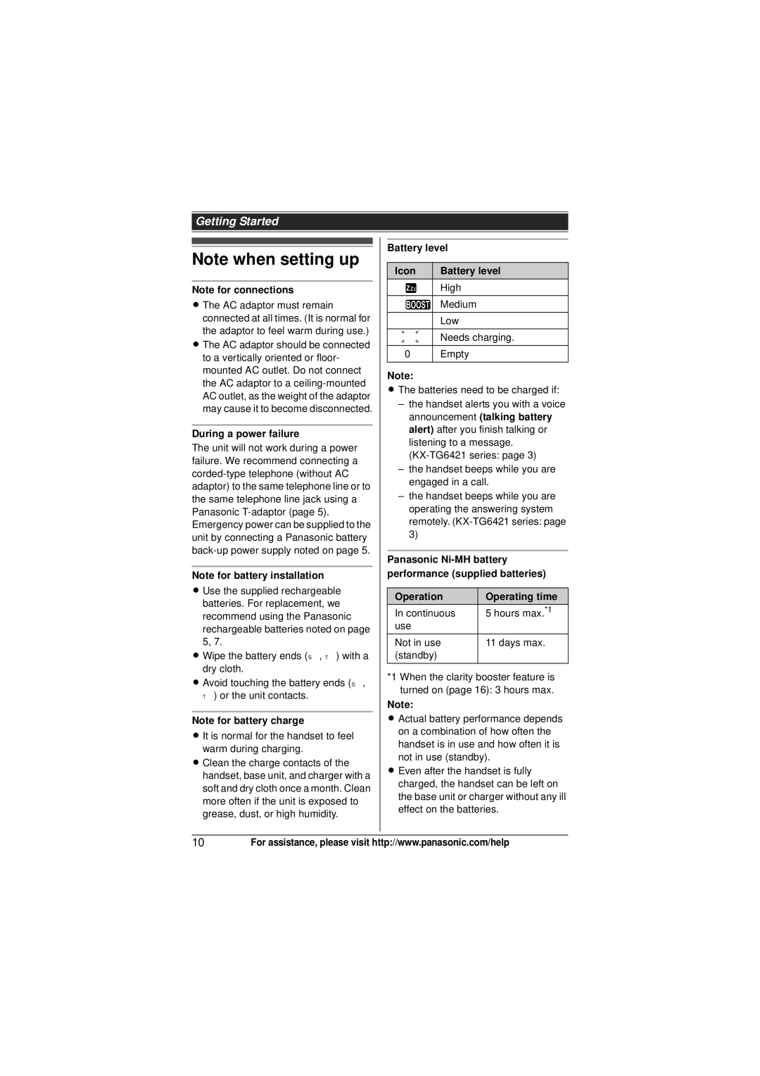 Panasonic KX-TG6473, KX-TG6411, KX-TG6413, KX-TG6412 During a power failure, Battery level Icon, Operation Operating time 