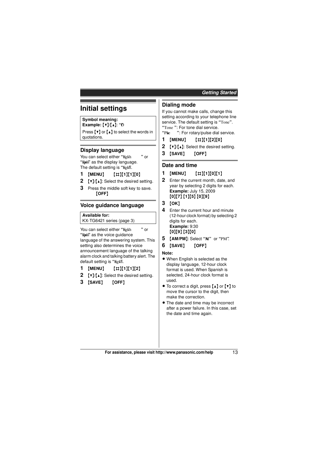 Panasonic KX-TG6412, KX-TG6473 Initial settings, Display language, Voice guidance language, Dialing mode, Date and time 