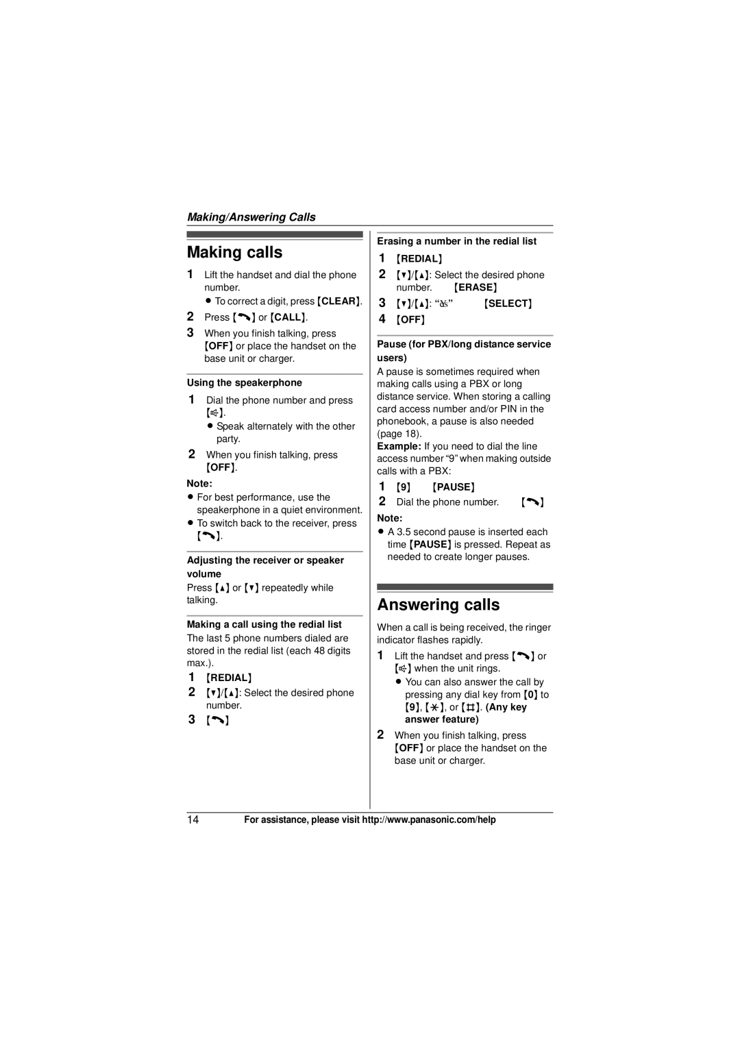 Panasonic KX-TG6423, KX-TG6473, KX-TG6411, KX-TG6413, KX-TG6412 operating instructions Making calls, Answering calls 