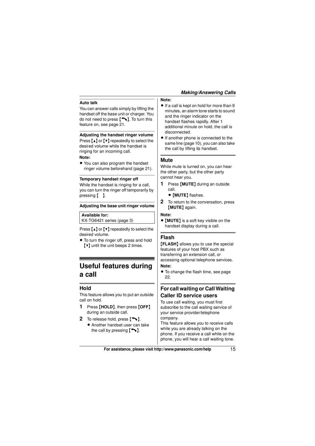 Panasonic KX-TG6473, KX-TG6411, KX-TG6413, KX-TG6412, KX-TG6423 Useful features during a call, Hold, Mute, Flash 