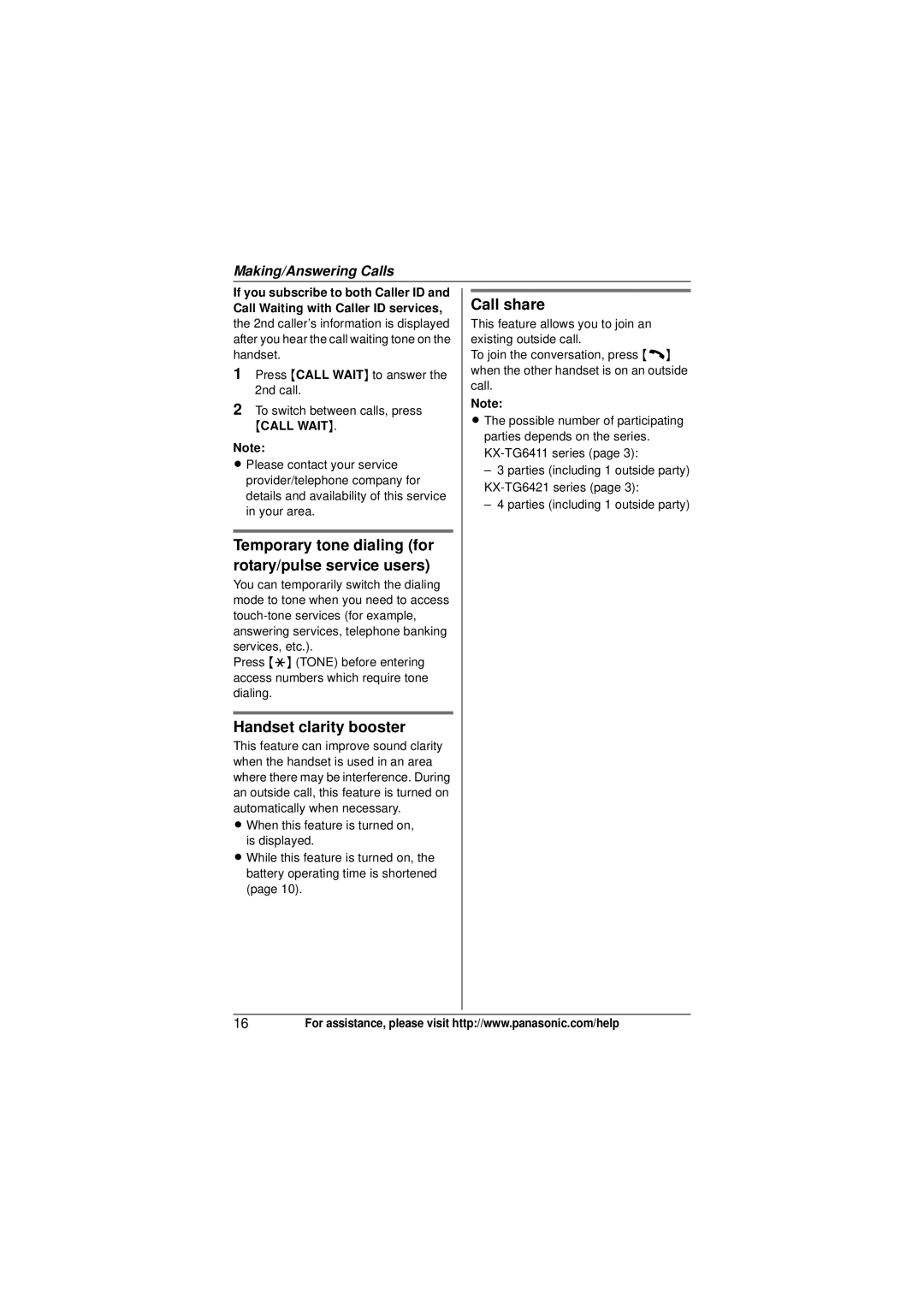 Panasonic KX-TG6411, KX-TG6473 Temporary tone dialing for rotary/pulse service users, Handset clarity booster, Call share 