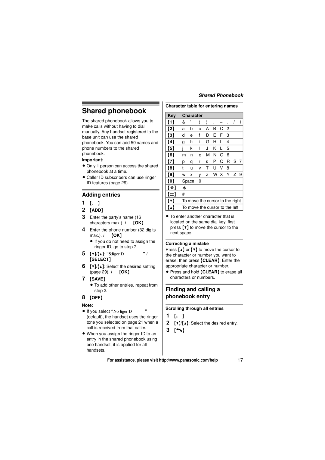 Panasonic KX-TG6413, KX-TG6473, KX-TG6411, KX-TG6412 Shared phonebook, Adding entries, Finding and calling a phonebook entry 