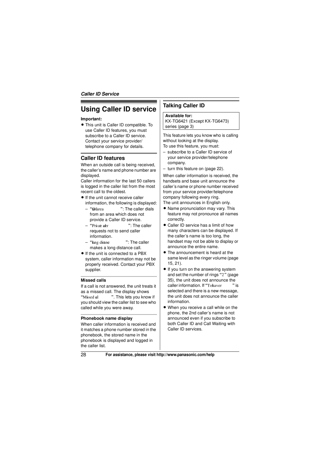 Panasonic KX-TG6412 Using Caller ID service, Caller ID features, Talking Caller ID, Missed calls, Phonebook name display 
