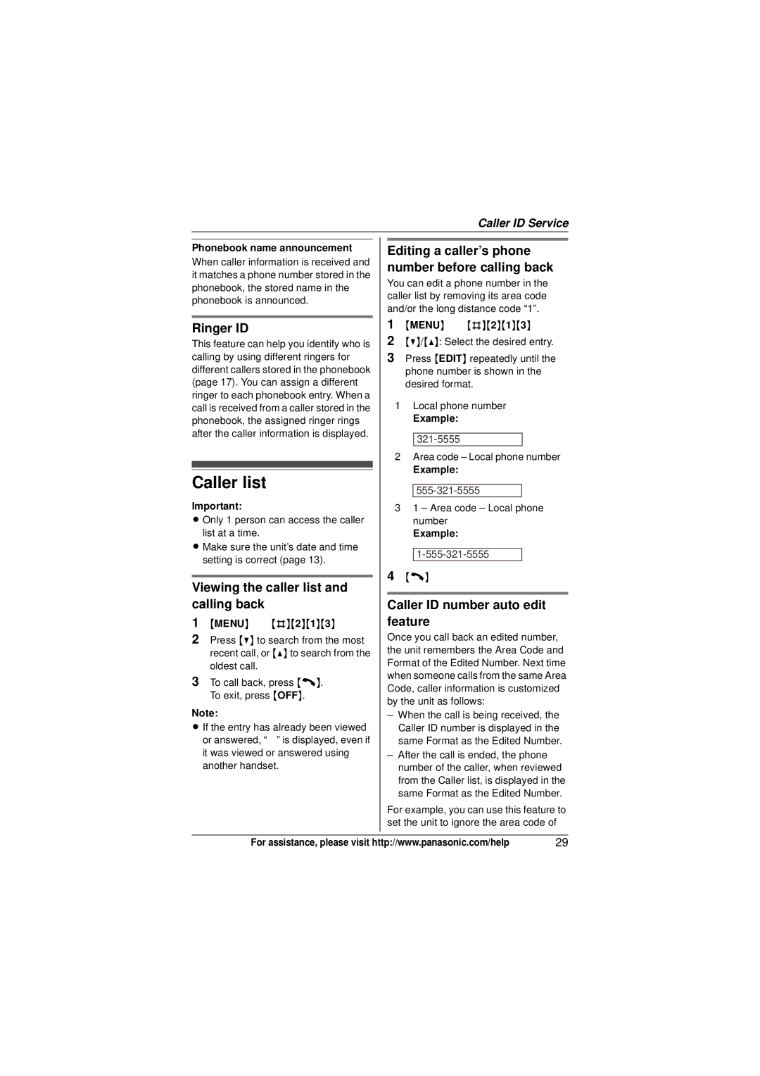 Panasonic KX-TG6423 Caller list, Ringer ID, Viewing the caller list and calling back, Caller ID number auto edit feature 