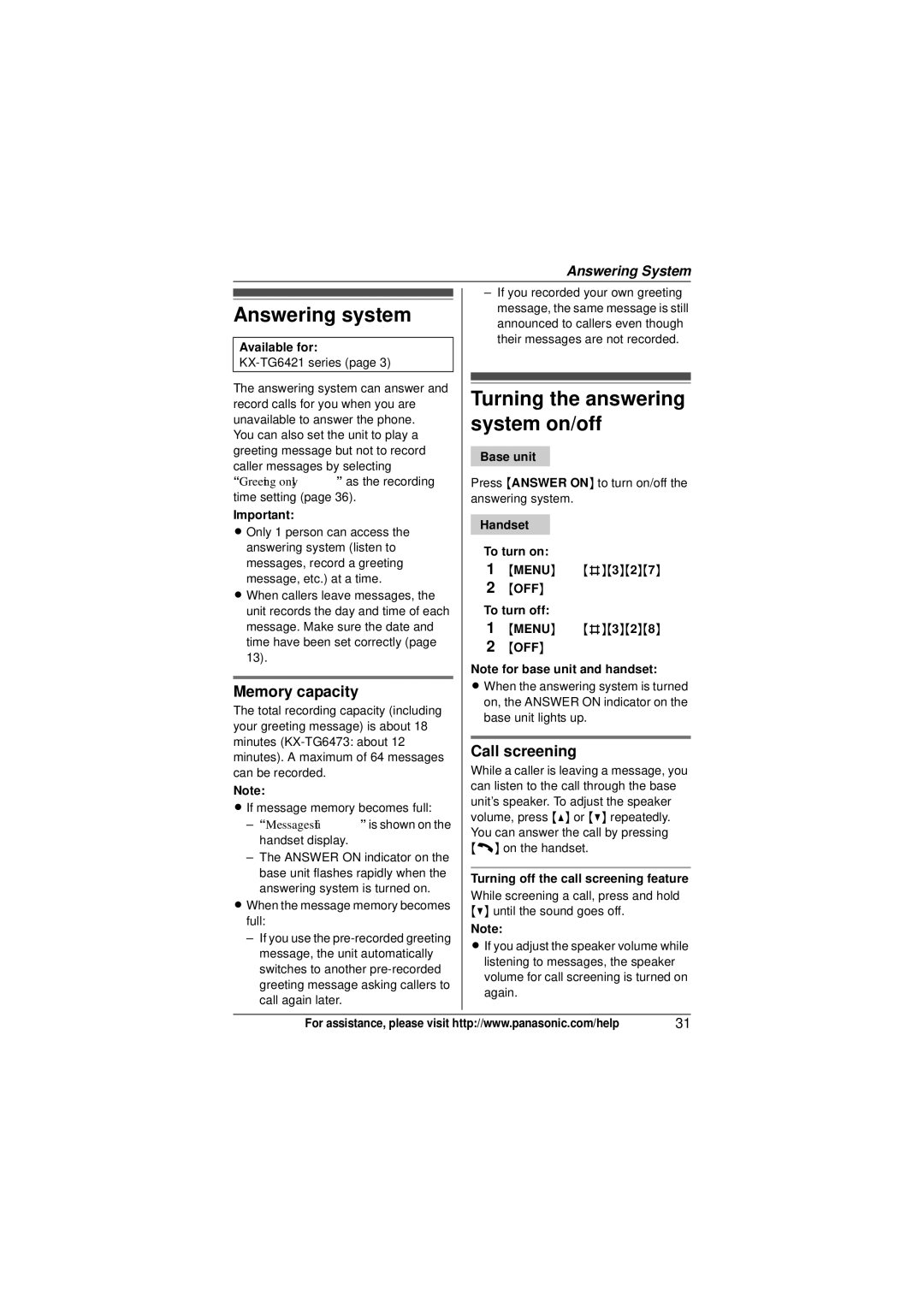 Panasonic KX-TG6411, KX-TG6473 Answering system, Turning the answering system on/off, Memory capacity, Call screening 