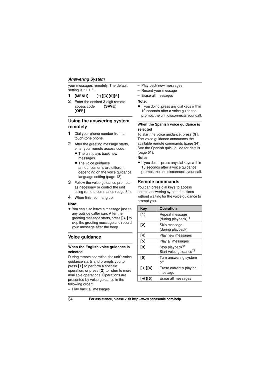 Panasonic KX-TG6423, KX-TG6473, KX-TG6411, KX-TG6413 Using the answering system remotely, Voice guidance, Remote commands 
