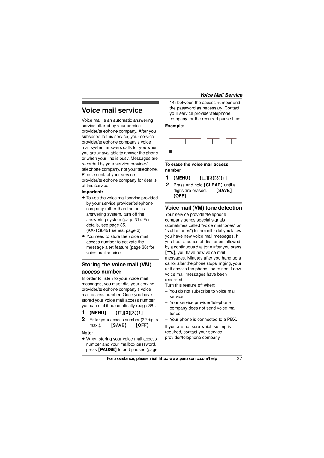 Panasonic KX-TG6413, KX-TG6473 Voice mail service, Storing the voice mail VM access number, Voice mail VM tone detection 