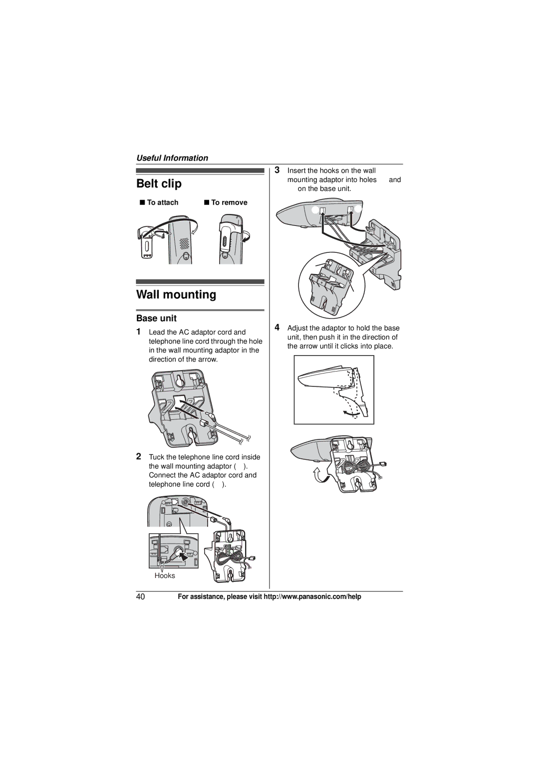 Panasonic KX-TG6473, KX-TG6411, KX-TG6413, KX-TG6412, KX-TG6423 operating instructions Belt clip, Wall mounting, To attach 