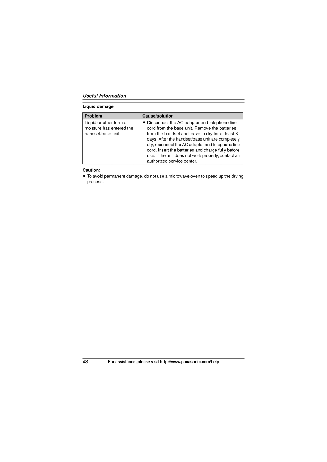Panasonic KX-TG6412, KX-TG6473, KX-TG6411, KX-TG6413, KX-TG6423 operating instructions Liquid damage Problem Cause/solution 