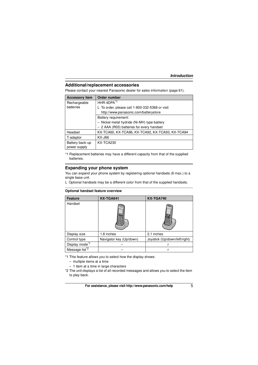 Panasonic KX-TG6473 Additional/replacement accessories, Expanding your phone system, Accessory item Order number 