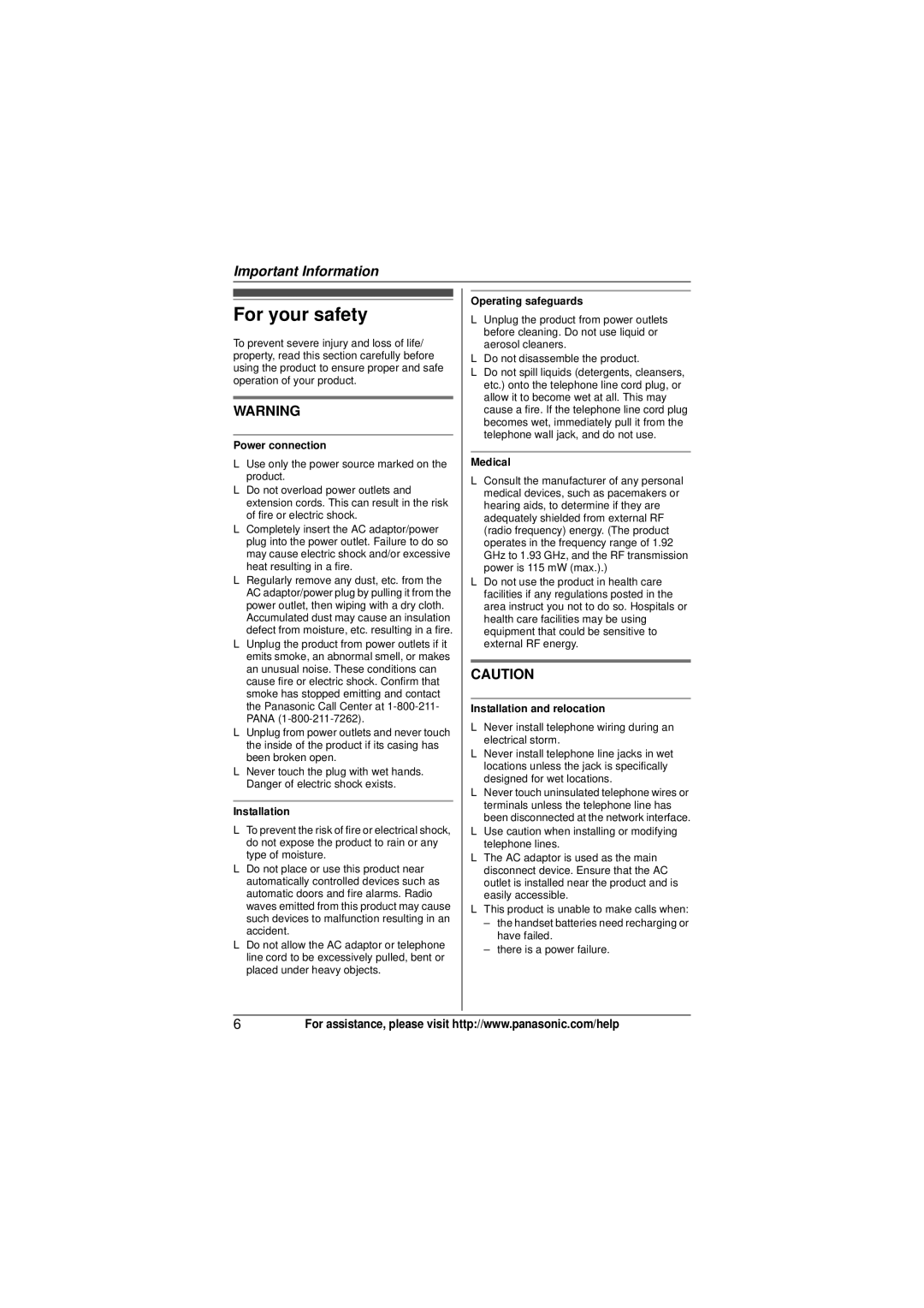 Panasonic KX-TG6411, KX-TG6473, KX-TG6413, KX-TG6412, KX-TG6423 operating instructions For your safety 