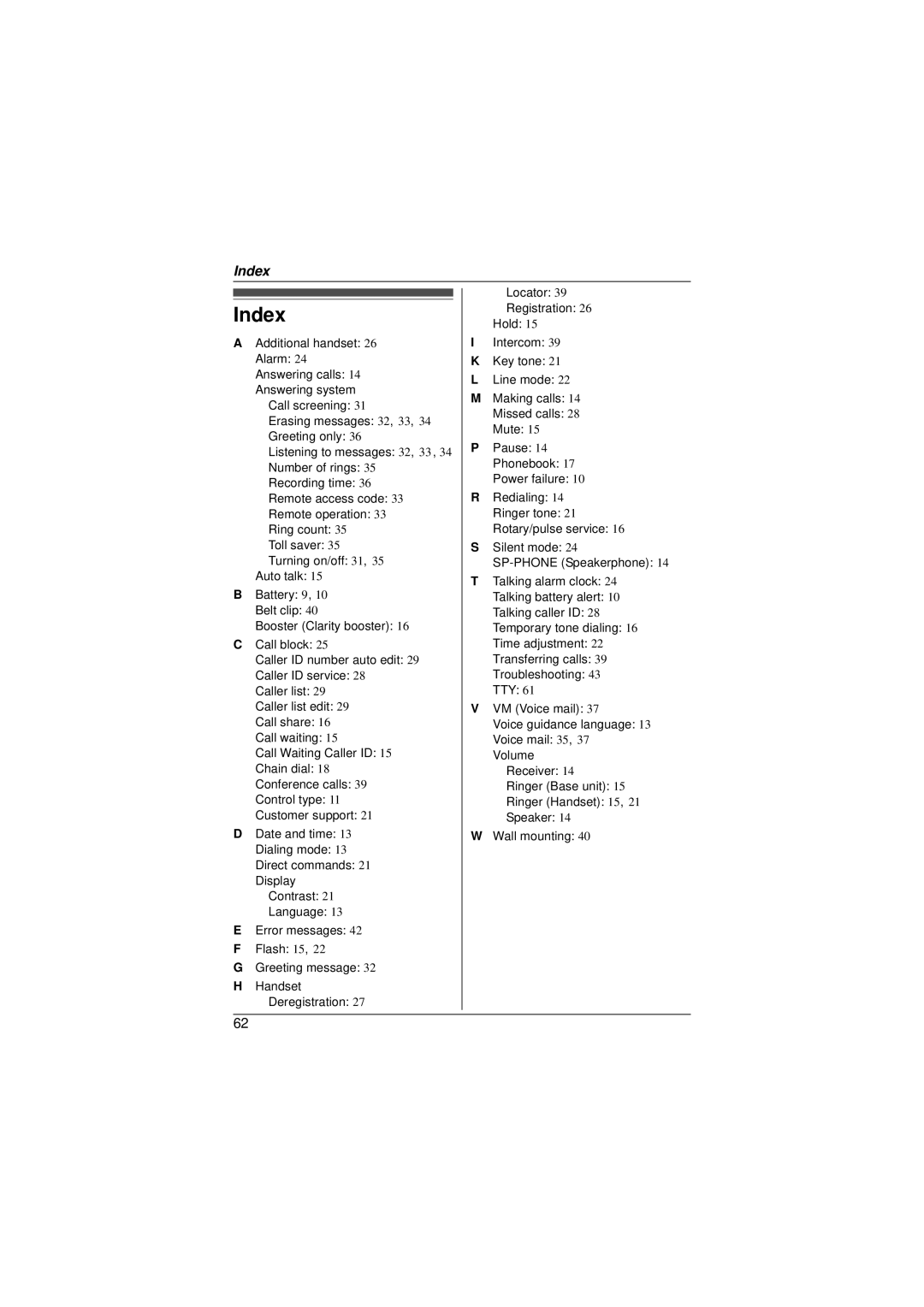 Panasonic KX-TG6413, KX-TG6473, KX-TG6411, KX-TG6412, KX-TG6423 operating instructions Index 