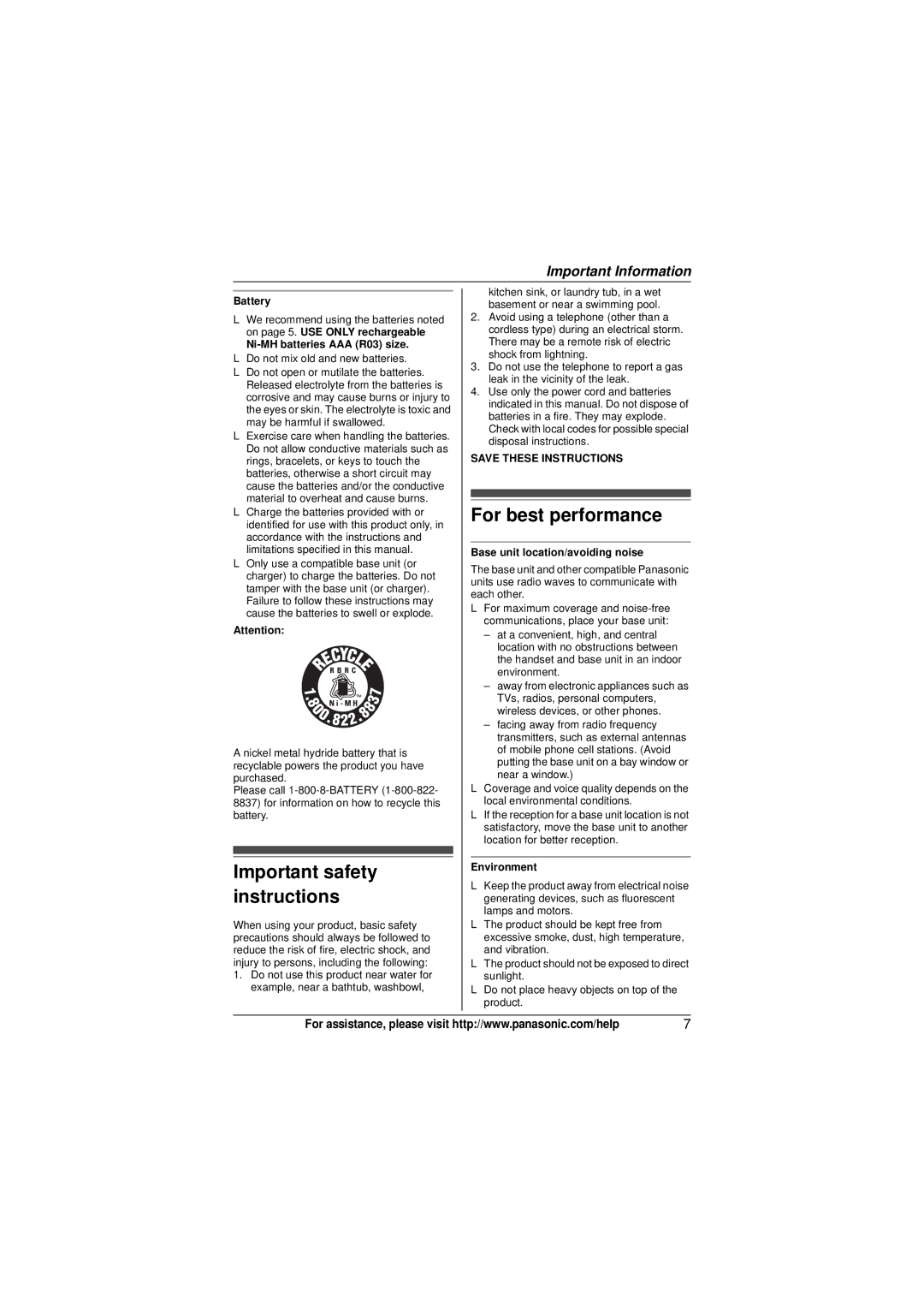 Panasonic KX-TG6413, KX-TG6473, KX-TG6411, KX-TG6412, KX-TG6423 operating instructions Important safety instructions 