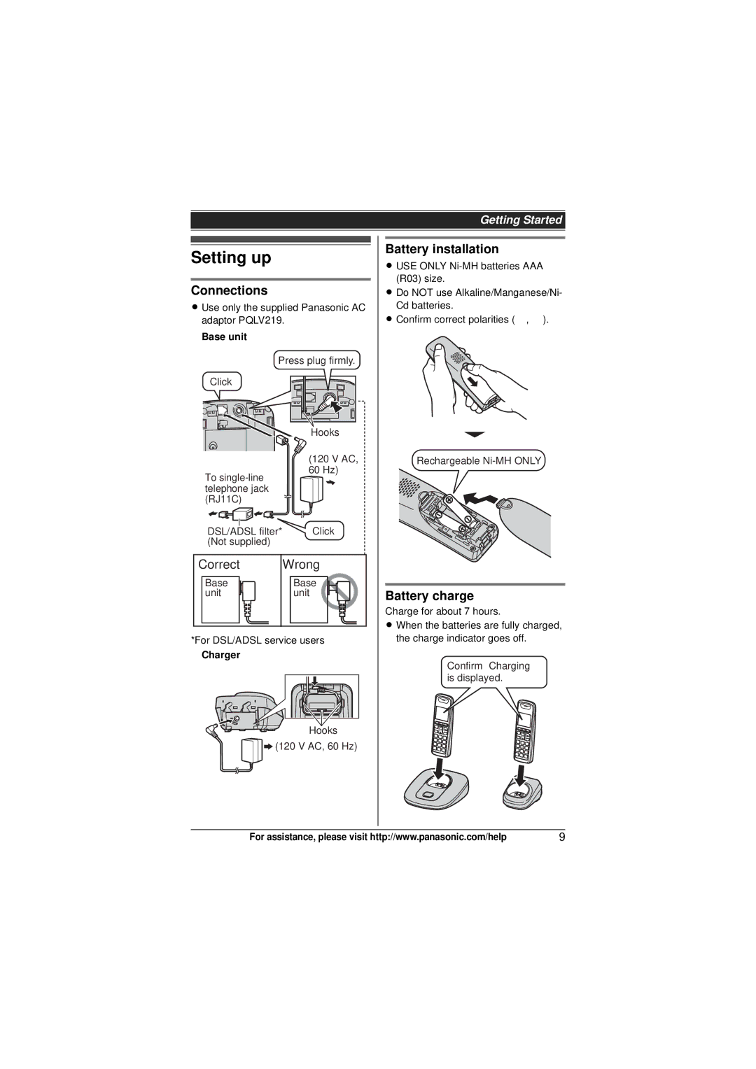 Panasonic KX-TG6423, KX-TG6473, KX-TG6411 Setting up, Connections, Correct Wrong, Battery installation, Battery charge 