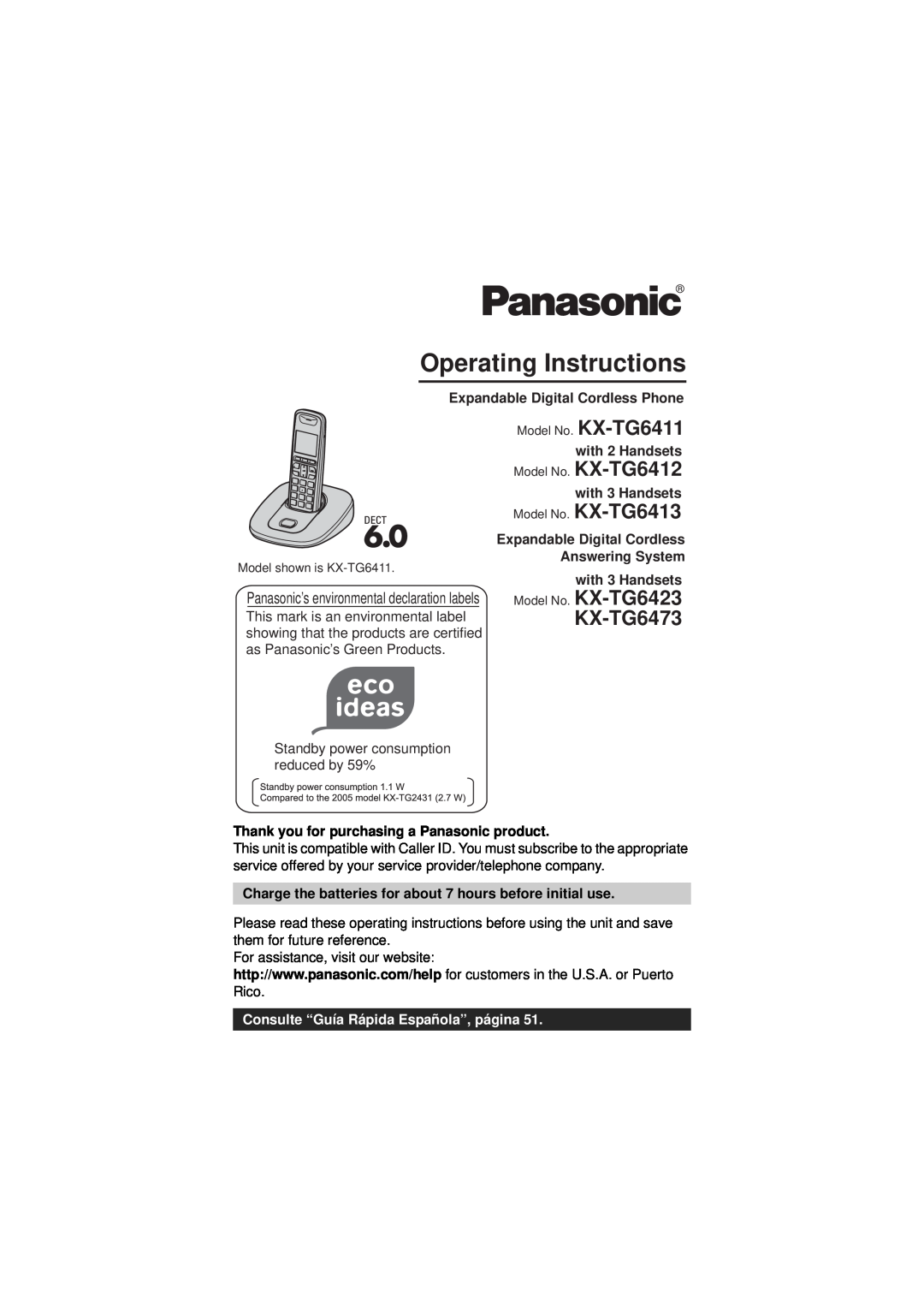 Panasonic KX-TG6411 operating instructions KX-TG6473, Expandable Digital Cordless Phone, with 2 Handsets, with 3 Handsets 