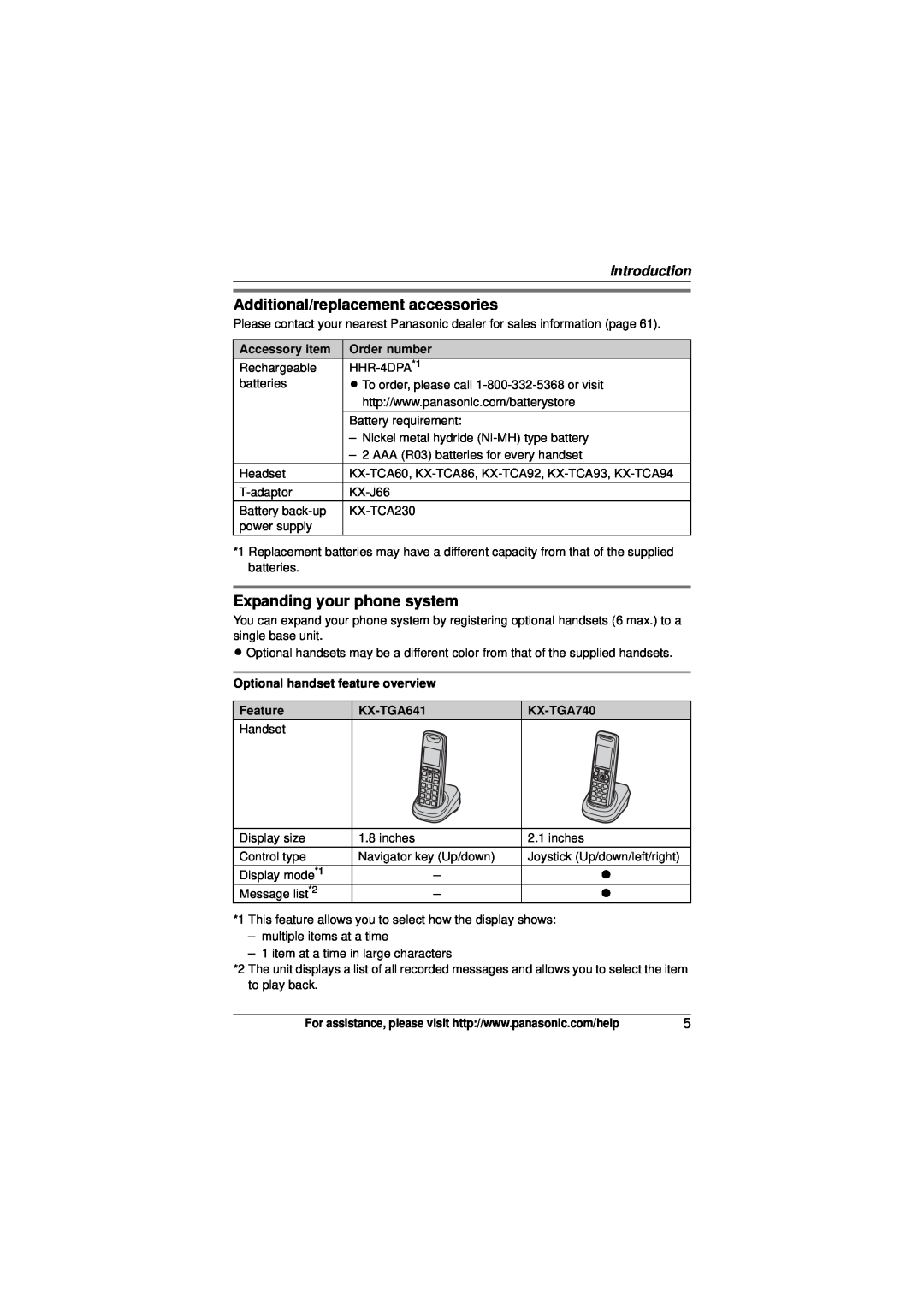 Panasonic KX-TG6473 Additional/replacement accessories, Expanding your phone system, Introduction, Accessory item, Feature 