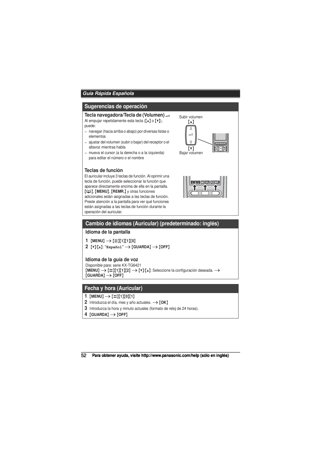 Panasonic KX-TG6413 Sugerencias de operación, Cambio de idiomas Auricular predeterminado inglés, Fecha y hora Auricular 