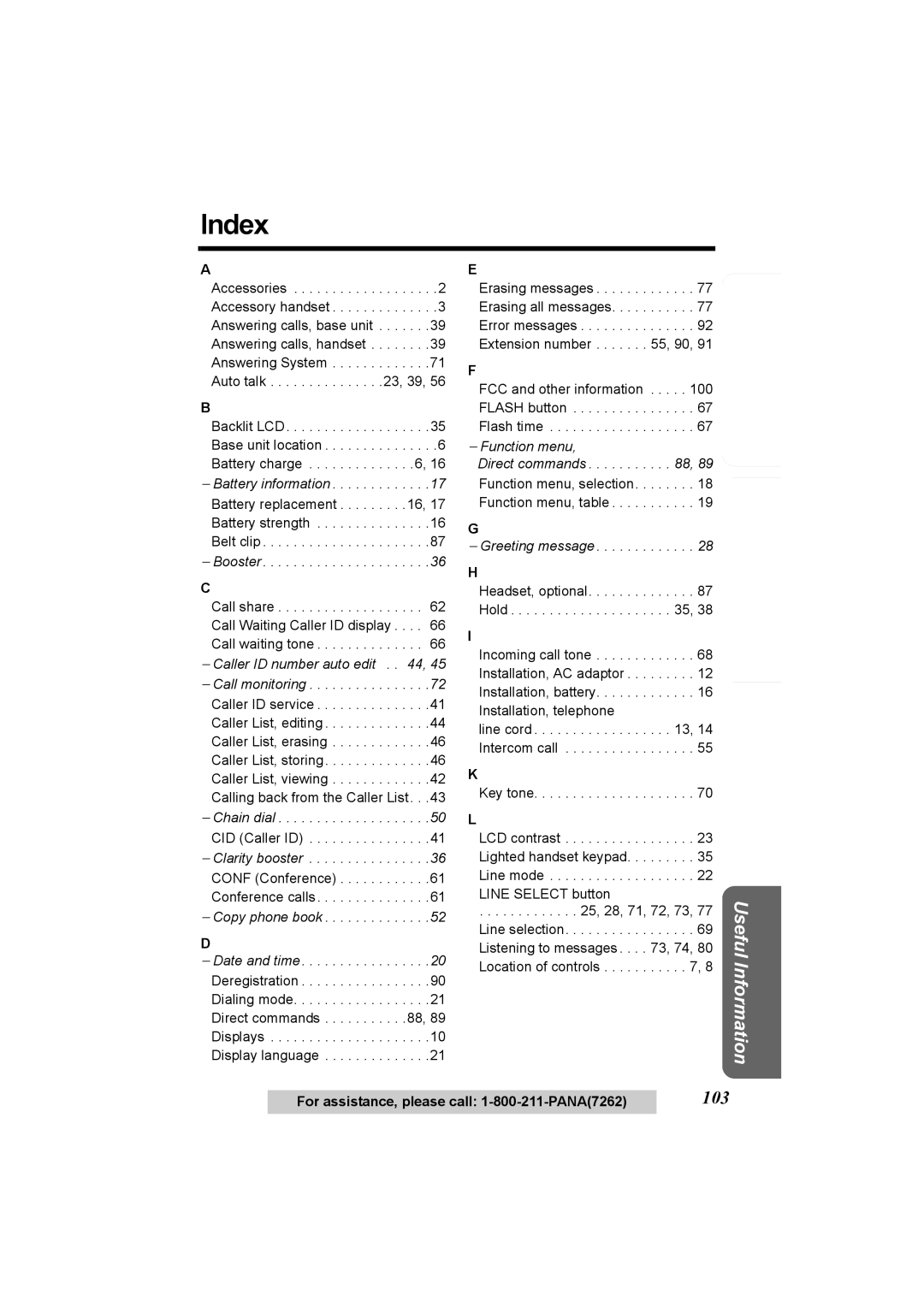 Panasonic KX-TG6500, KX-TG6502 operating instructions Index, Caller ID number auto edit 