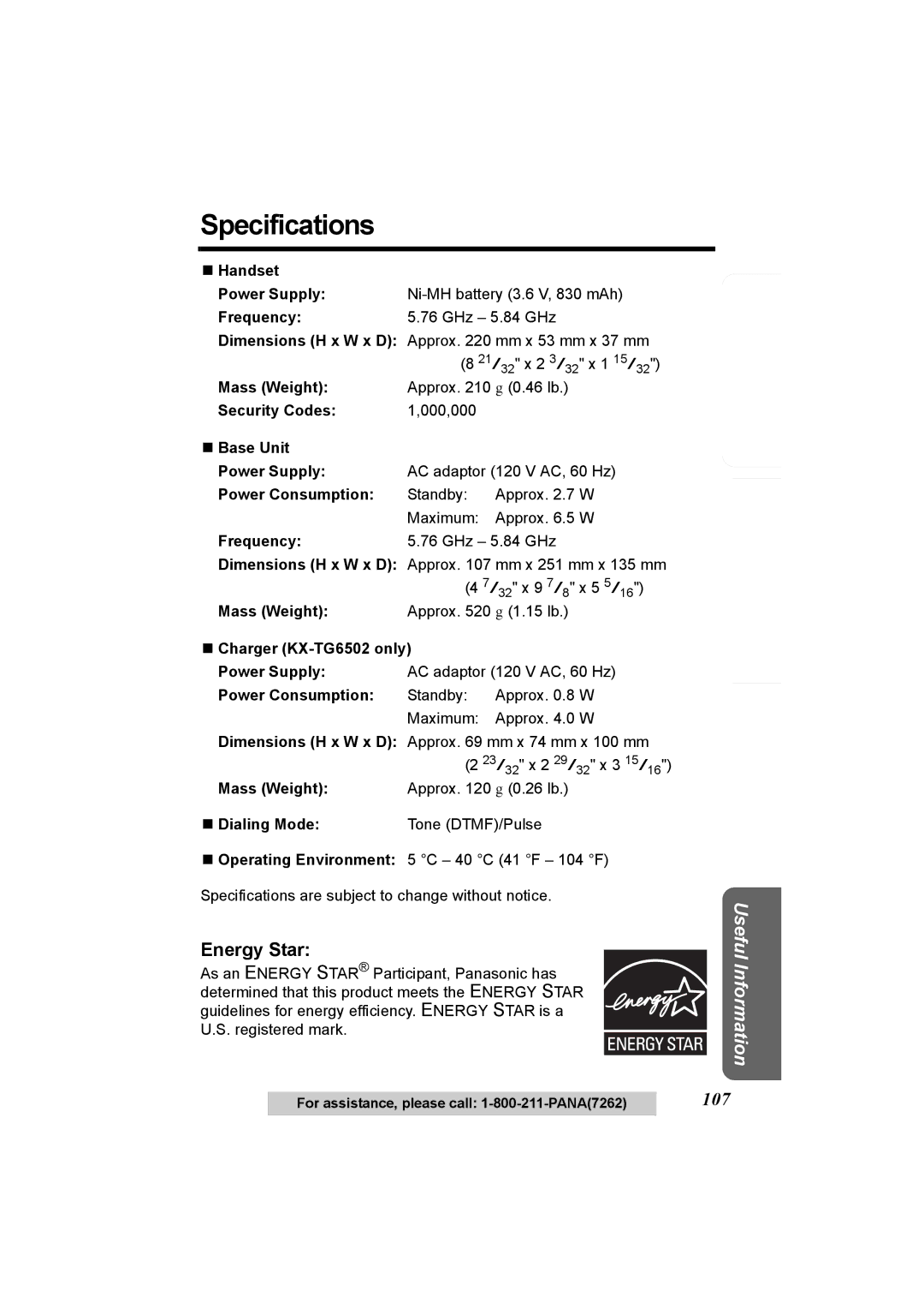 Panasonic KX-TG6500, KX-TG6502 operating instructions Specifications, Energy Star 