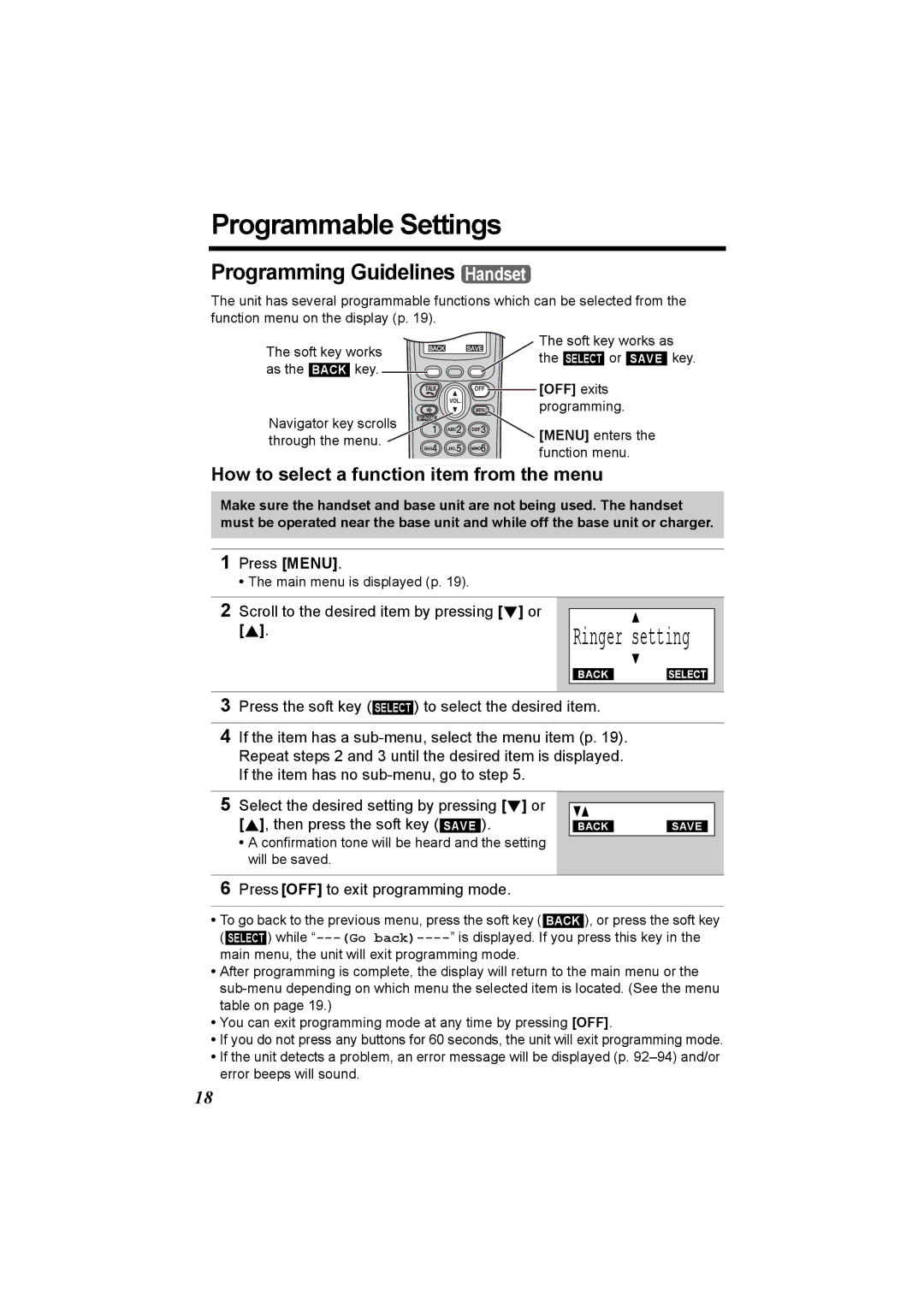 Panasonic KX-TG6502 Programmable Settings, Programming Guidelines Handset, How to select a function item from the menu 