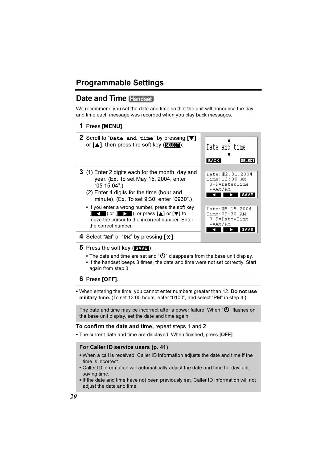 Panasonic KX-TG6502 Programmable Settings Date and Time Handset, Select AM or PM by pressing Press the soft key Save 