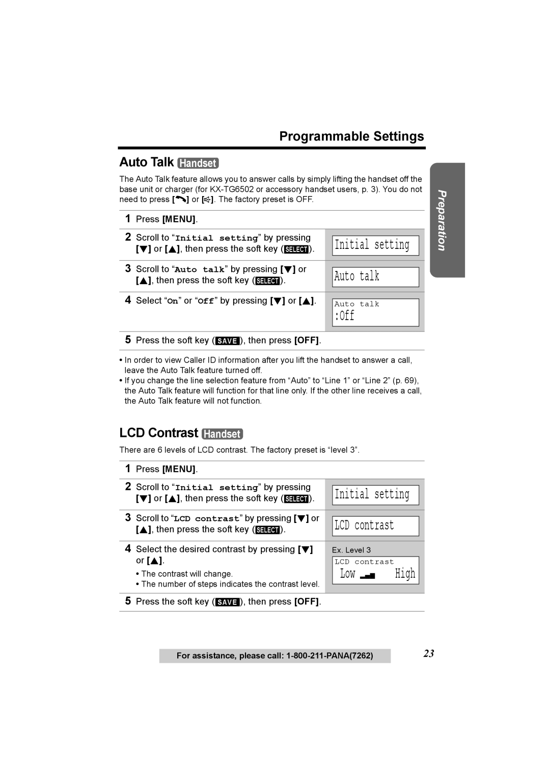 Panasonic KX-TG6500, KX-TG6502 Off, Low, Programmable Settings Auto Talk Handset, LCD Contrast Handset 