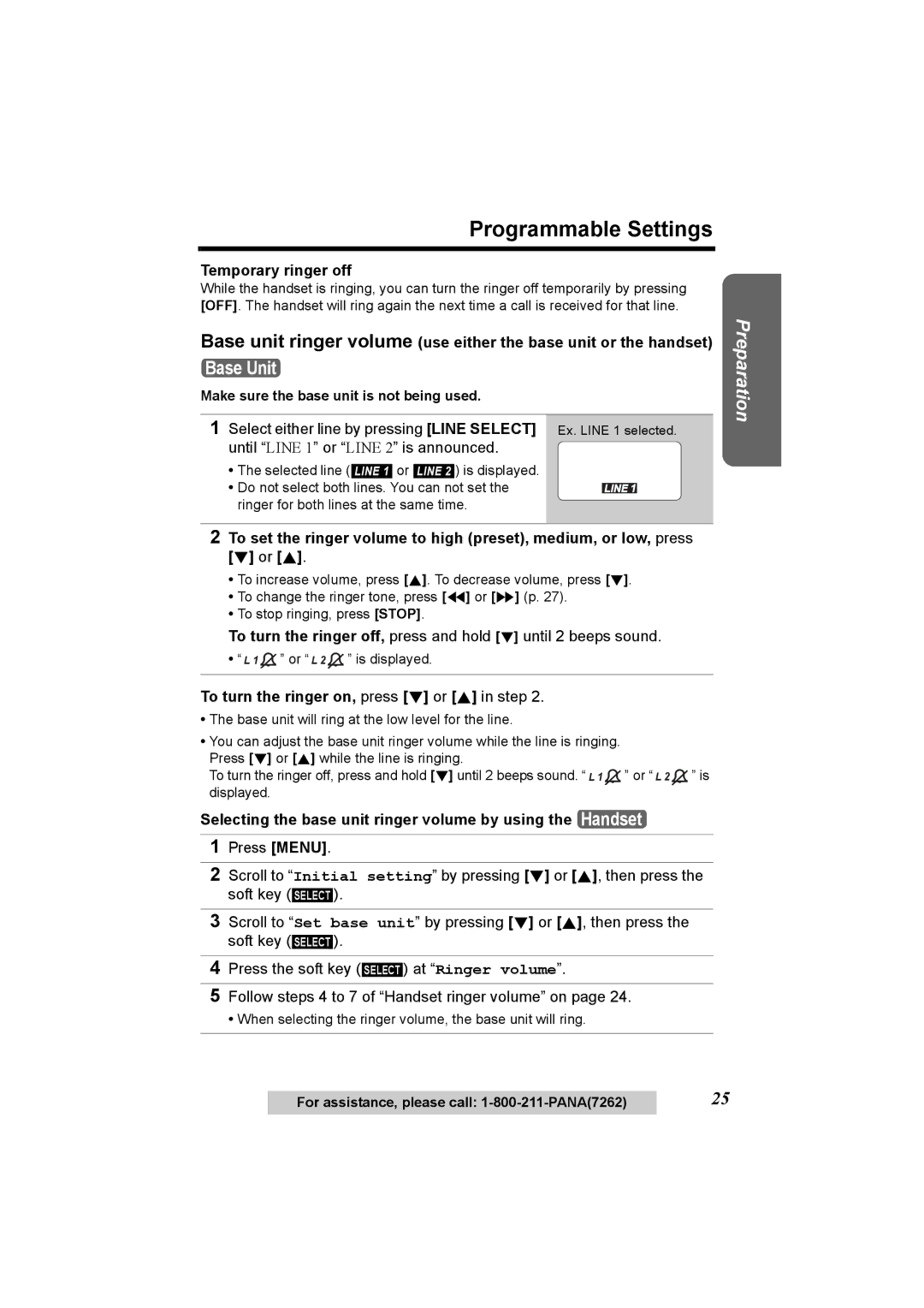 Panasonic KX-TG6500, KX-TG6502 Programmable Settings, Temporary ringer off, To turn the ringer on, press d or B in step 