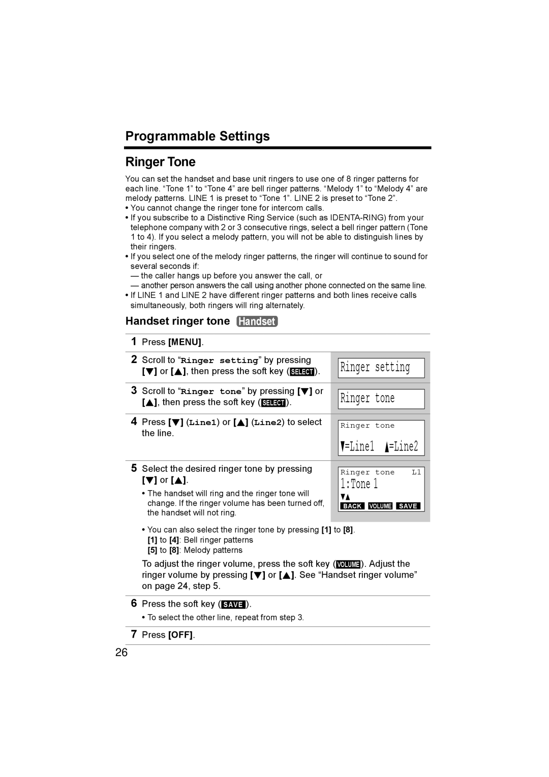 Panasonic KX-TG6502, KX-TG6500 operating instructions 1Tone, Programmable Settings Ringer Tone, Handset ringer tone Handset 