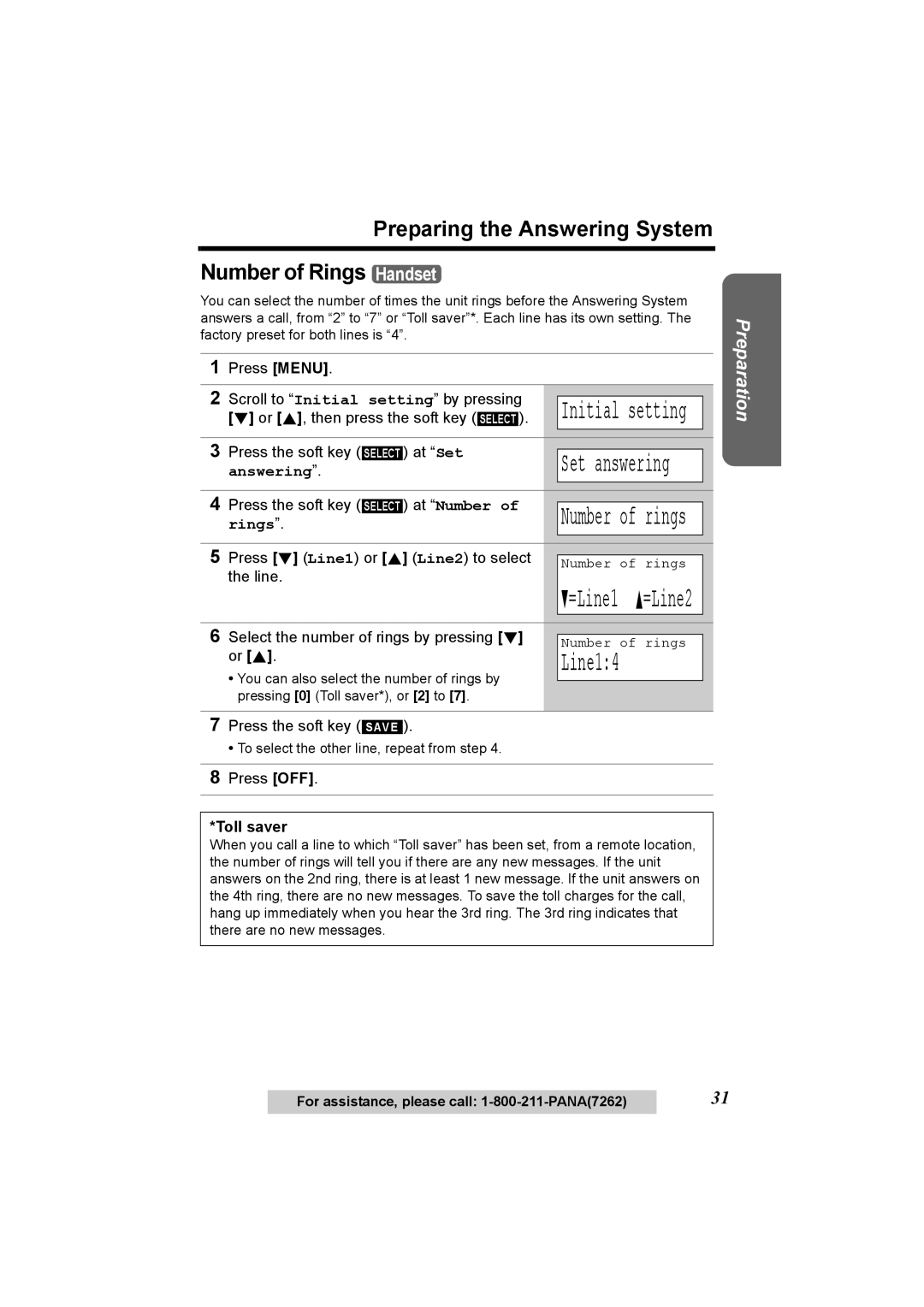 Panasonic KX-TG6500 Line14, Preparing the Answering System Number of Rings Handset, Press the soft key, Toll saver 