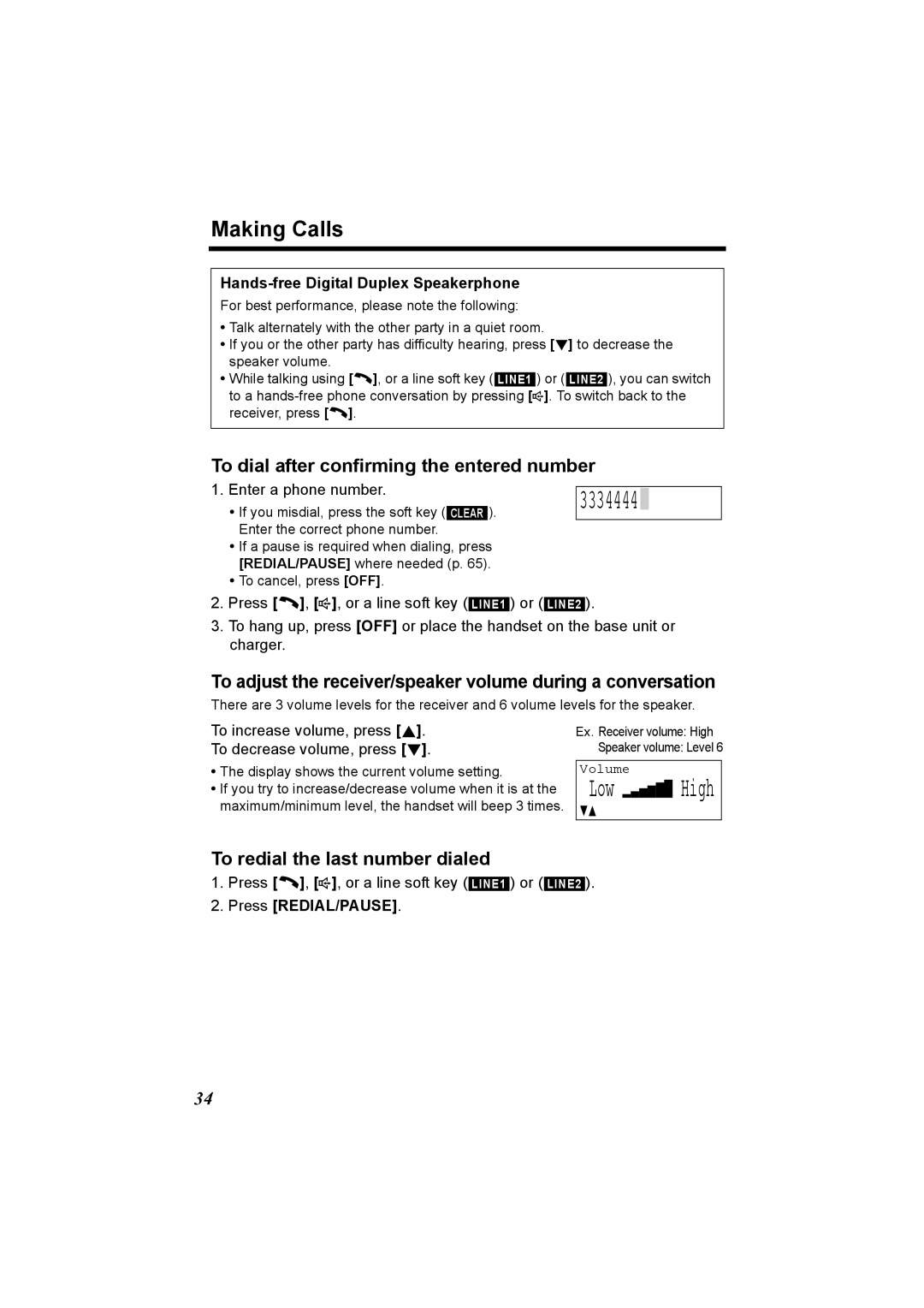 Panasonic KX-TG6502 3334444, Making Calls, To dial after confirming the entered number, To redial the last number dialed 