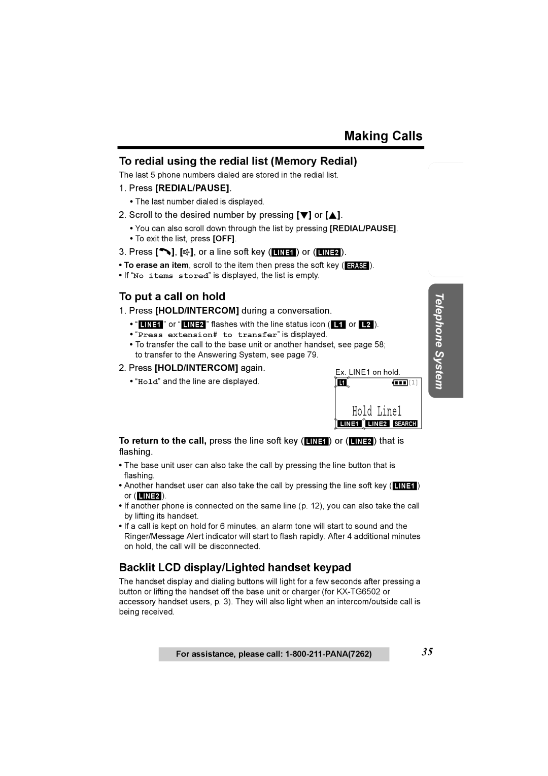 Panasonic KX-TG6500 To redial using the redial list Memory Redial, To put a call on hold, Press HOLD/INTERCOM again 