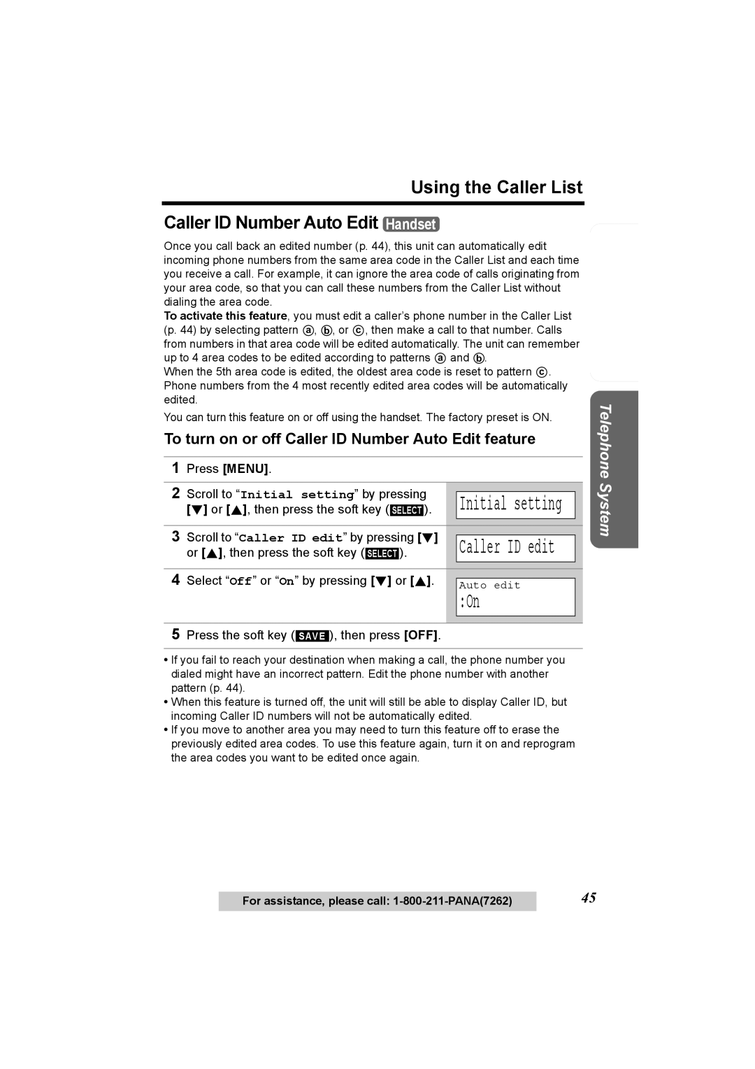 Panasonic KX-TG6500 Using the Caller List Caller ID Number Auto Edit Handset, Scroll to Caller ID edit by pressing d 