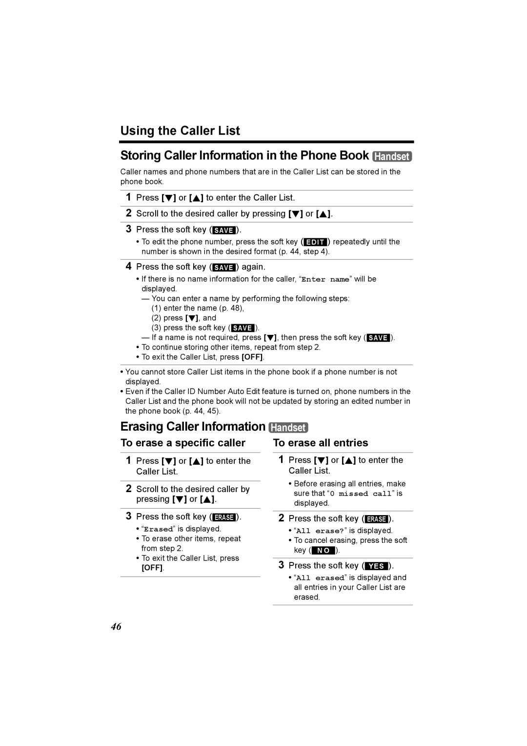 Panasonic KX-TG6502, KX-TG6500 To erase a specific caller, To erase all entries, Press the soft key Save again 