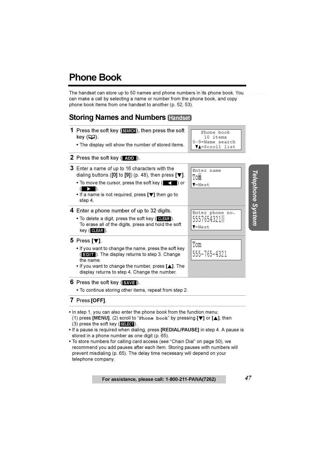 Panasonic KX-TG6500, KX-TG6502 operating instructions Phone Book, Tom, Storing Names and Numbers Handset 