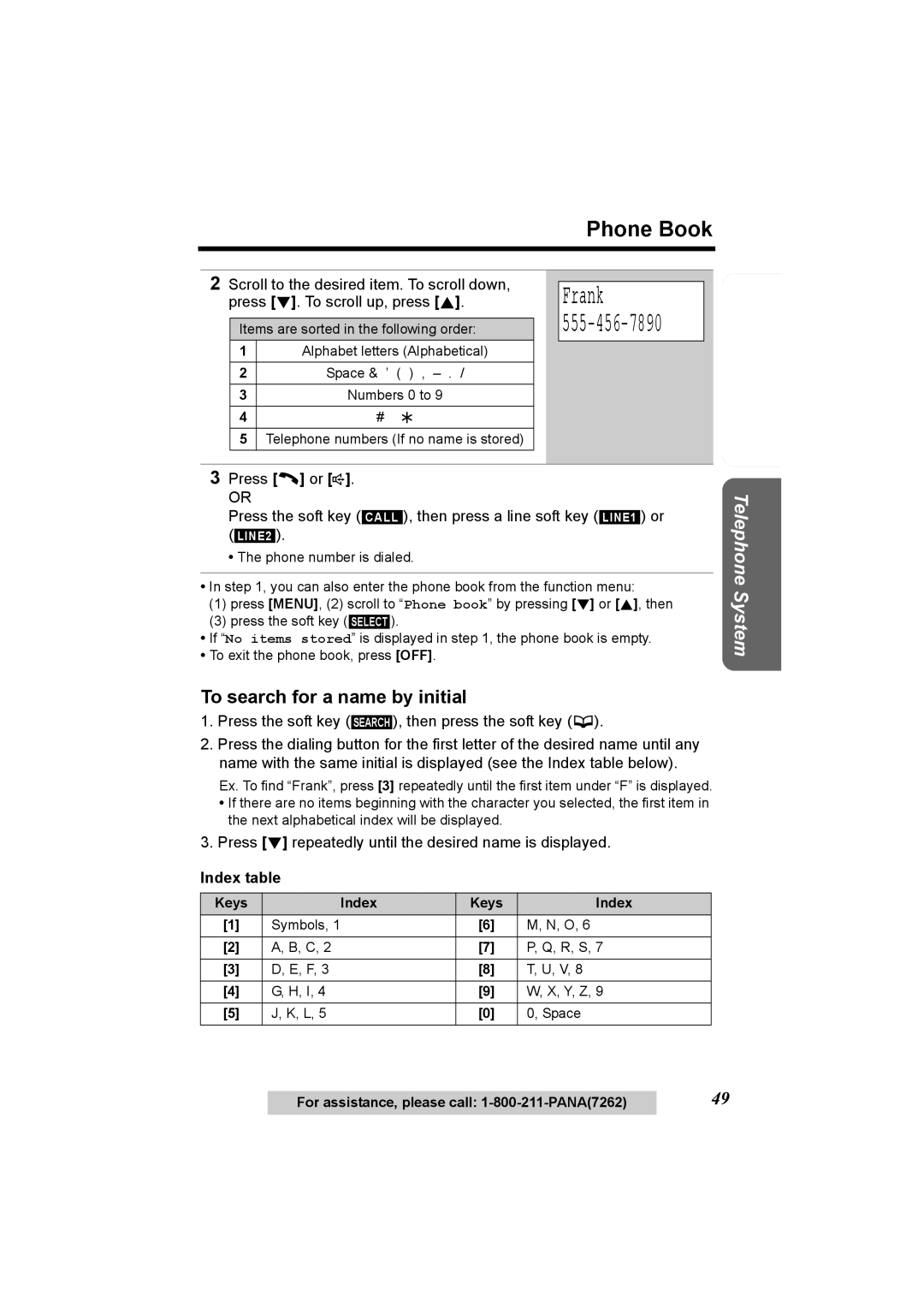 Panasonic KX-TG6500, KX-TG6502 operating instructions Frank, To search for a name by initial, Index table 