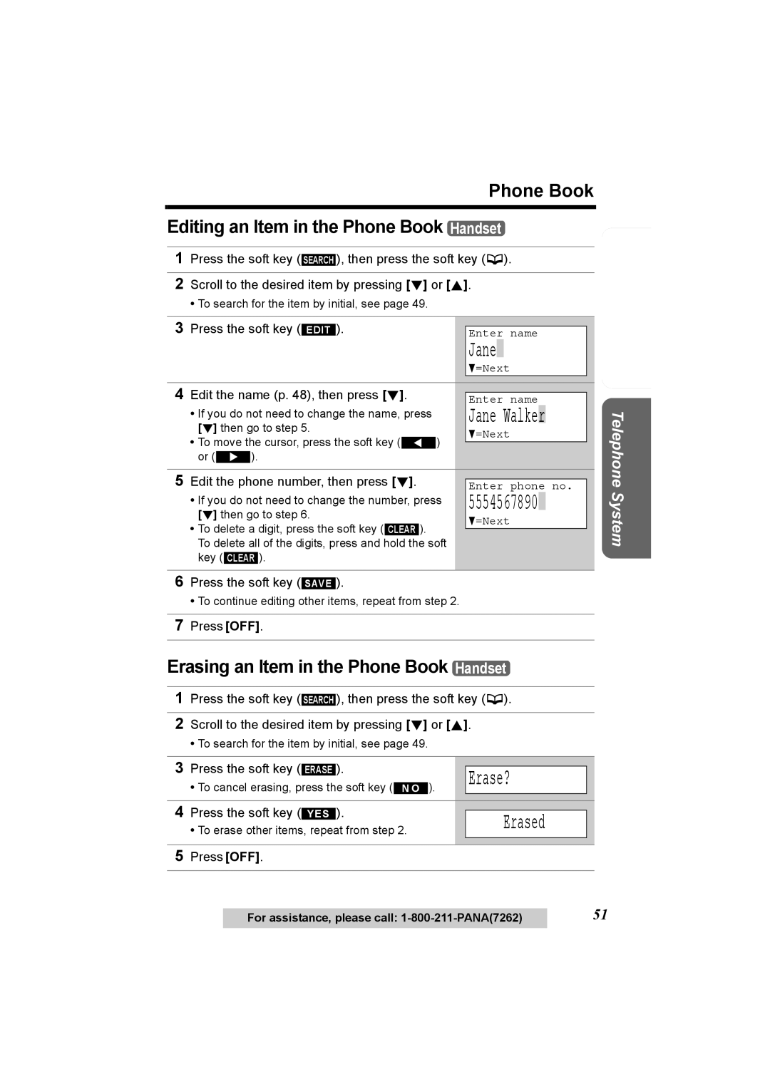 Panasonic KX-TG6500, KX-TG6502 Jane, Erase?, Erased, Phone Book Editing an Item in the Phone Book Handset 