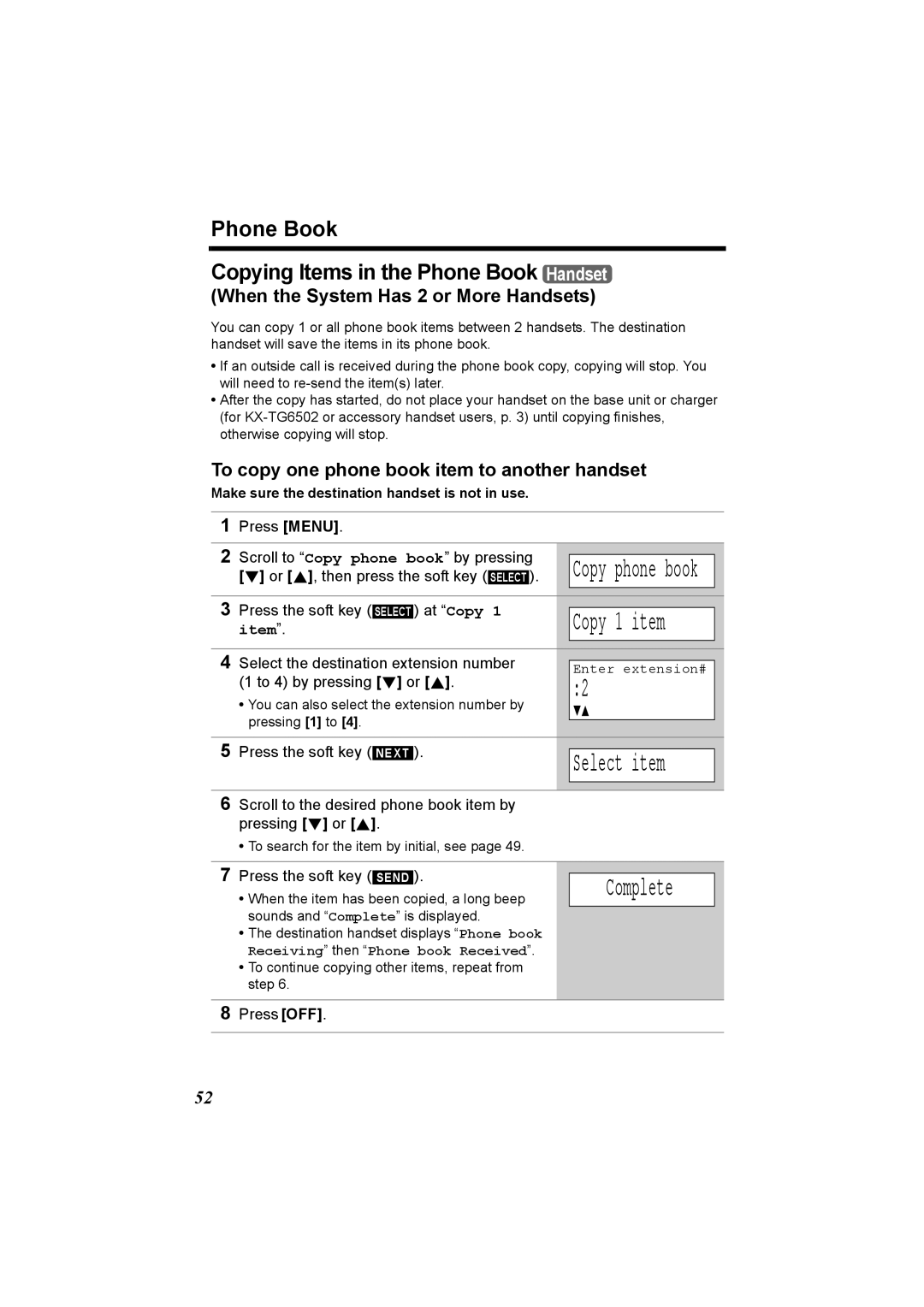 Panasonic KX-TG6502, KX-TG6500 operating instructions To copy one phone book item to another handset 