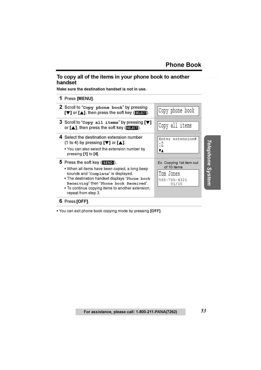 Panasonic KX-TG6500, KX-TG6502 operating instructions Tom Jones, Scroll to Copy all items by pressing d 