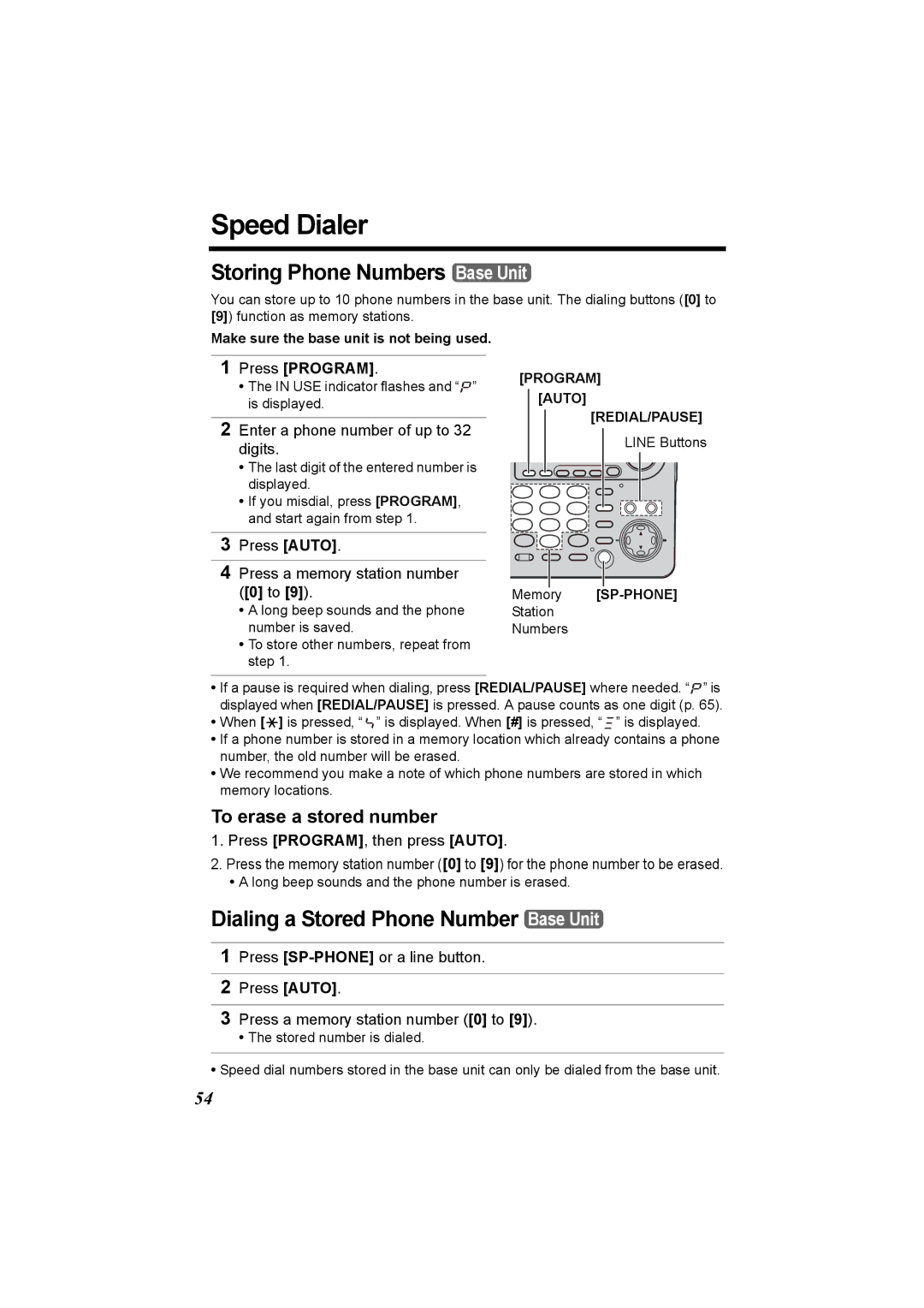 Panasonic KX-TG6502 Speed Dialer, Storing Phone Numbers Base Unit, Dialing a Stored Phone Number Base Unit, Press Program 