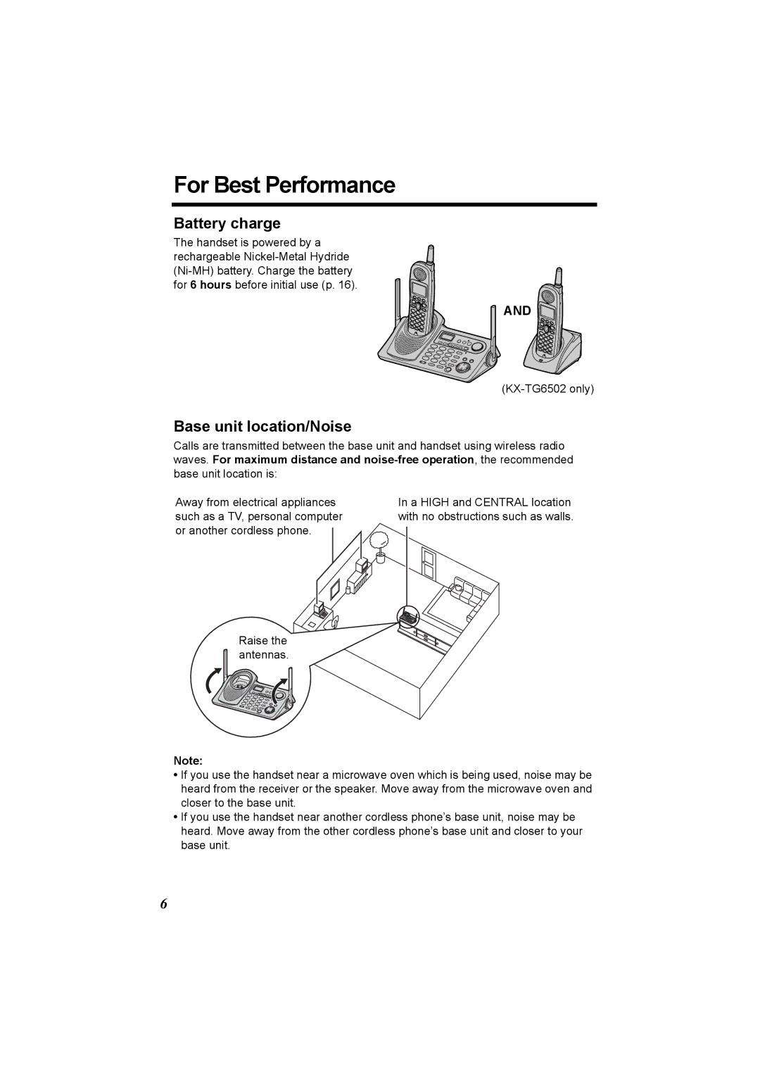 Panasonic KX-TG6502, KX-TG6500 operating instructions For Best Performance, Battery charge, Base unit location/Noise 