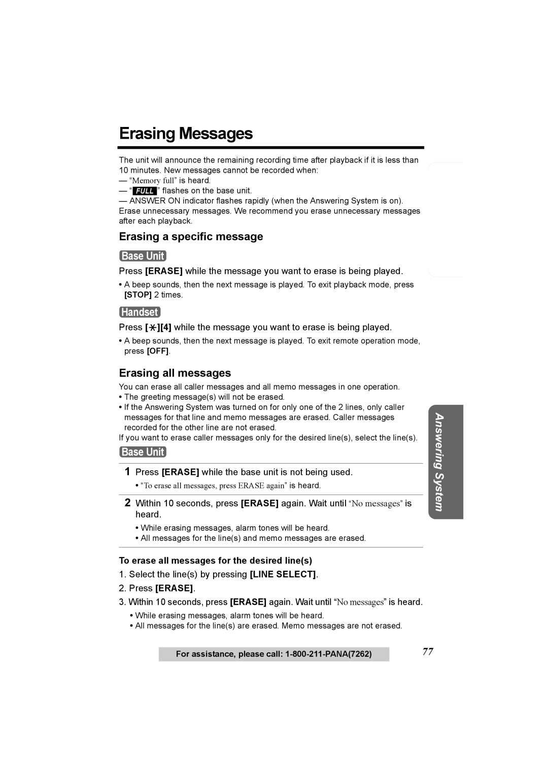 Panasonic KX-TG6500, KX-TG6502 operating instructions Erasing Messages, Erasing a specific message, Erasing all messages 